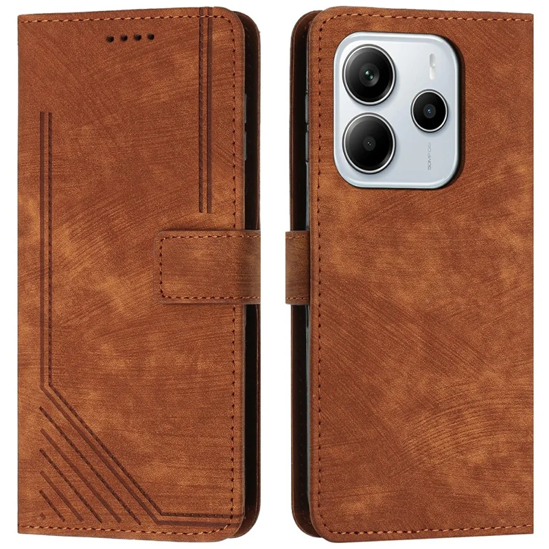For Xiaomi Redmi Note 14 4G (164.84mm) Case Imprinted Lines Leather Phone Cover with Stand - Brown