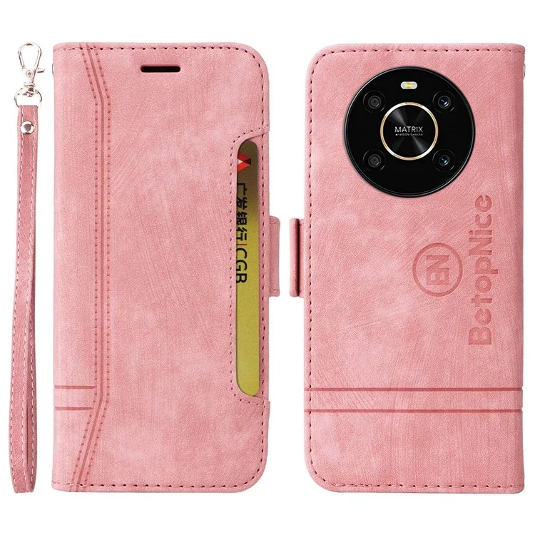 BETOPNICE 001 For Honor X9 4G / X9 5G / X30 5G / Magic4 Lite 5G / Magic4 Lite 4G с тиснеными строчками PU кожаный стоящий бумажник чехол противоударная крышка со ремешком - Розовый
