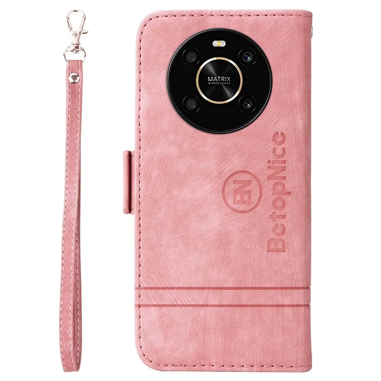 BETOPNICE 001 For Honor X9 4G / X9 5G / X30 5G / Magic4 Lite 5G / Magic4 Lite 4G с тиснеными строчками PU кожаный стоящий бумажник чехол противоударная крышка со ремешком - Розовый