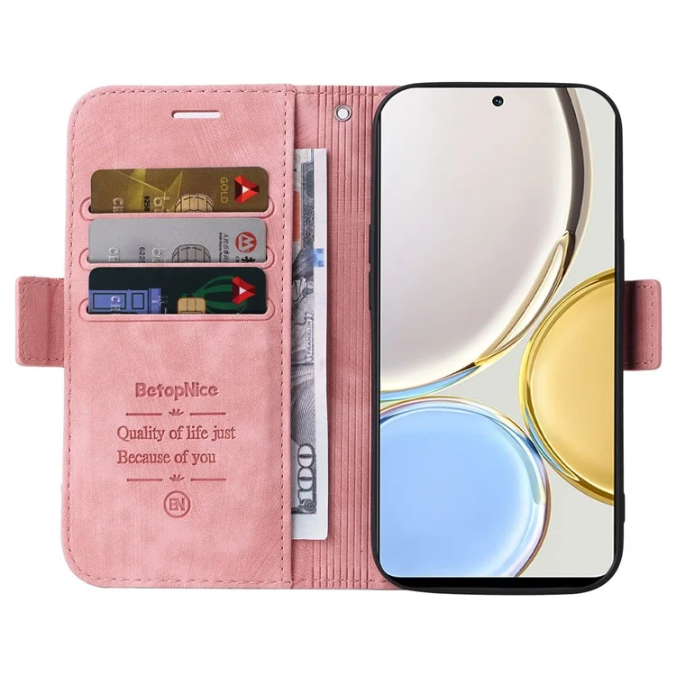 BETOPNICE 001 For Honor X9 4G / X9 5G / X30 5G / Magic4 Lite 5G / Magic4 Lite 4G с тиснеными строчками PU кожаный стоящий бумажник чехол противоударная крышка со ремешком - Розовый