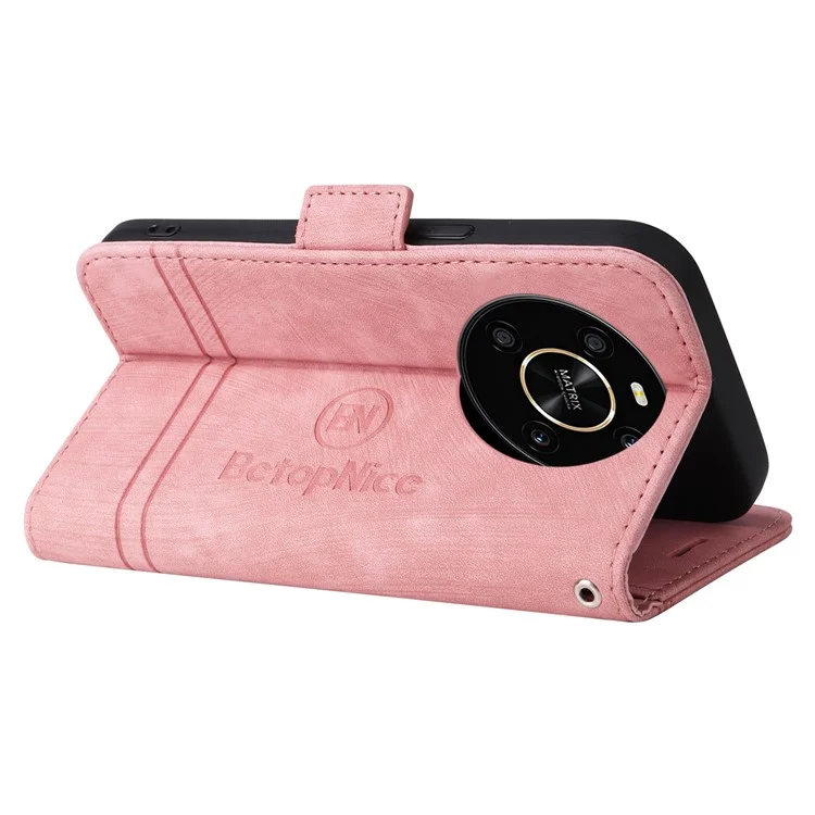 BETOPNICE 001 For Honor X9 4G / X9 5G / X30 5G / Magic4 Lite 5G / Magic4 Lite 4G с тиснеными строчками PU кожаный стоящий бумажник чехол противоударная крышка со ремешком - Розовый