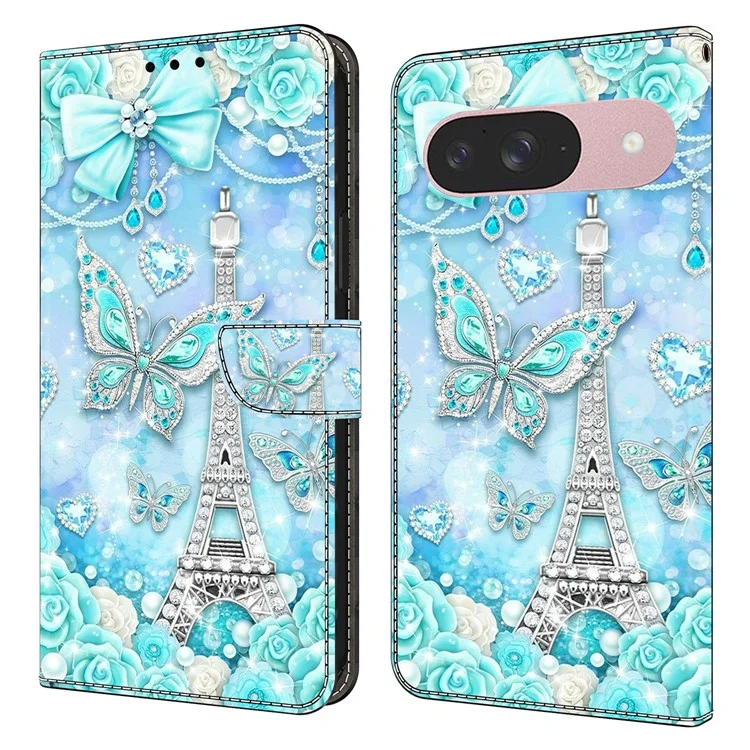 Чехол-книжка для Google Pixel 9 / 9 Pro с рисунком, подставкой и отделением для карт - Бабочка на Кобальтовой башне