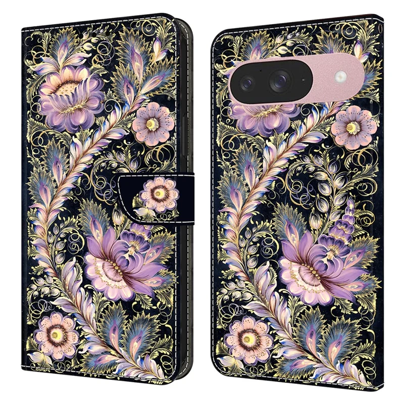 Per Google Pixel 9 / 9 Pro Custodia a portafoglio con stampa a motivi Stand Flip in pelle Custodia per telefono - Vintage Gold Pin