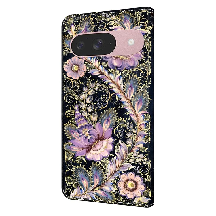 Per Google Pixel 9 / 9 Pro Custodia a portafoglio con stampa a motivi Stand Flip in pelle Custodia per telefono - Vintage Gold Pin
