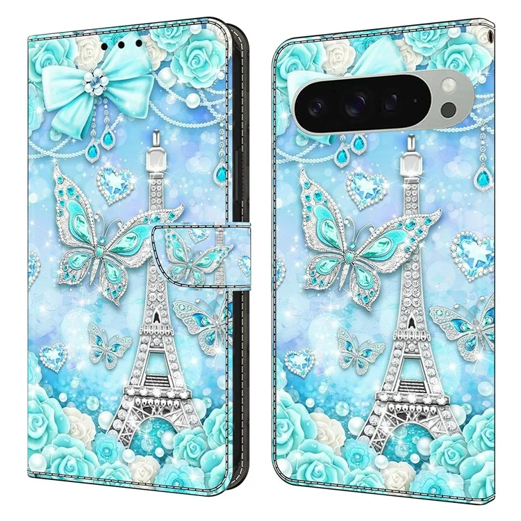 For Google Pixel 9 Pro XL Wallet Case Pattern Printing Stand Leather Flip Phone Cover - Butterfly Cobalt Tower