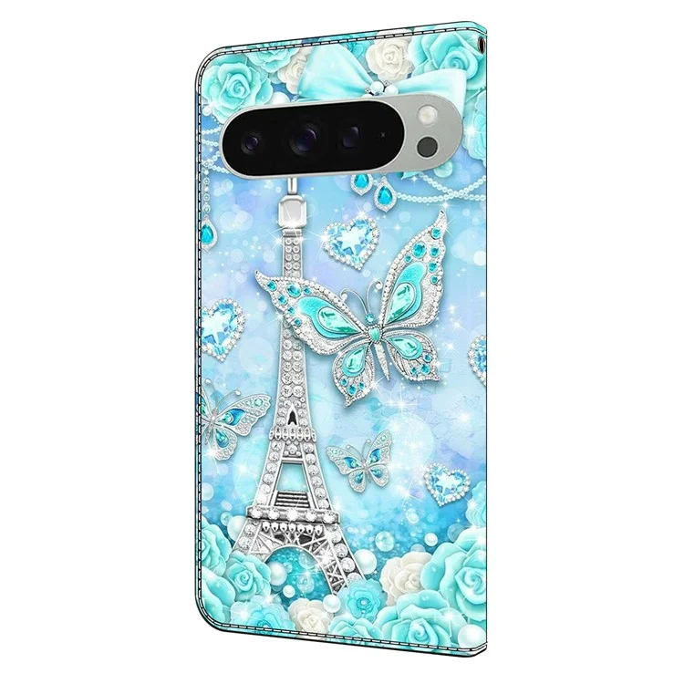 For Google Pixel 9 Pro XL Wallet Case Pattern Printing Stand Leather Flip Phone Cover - Butterfly Cobalt Tower