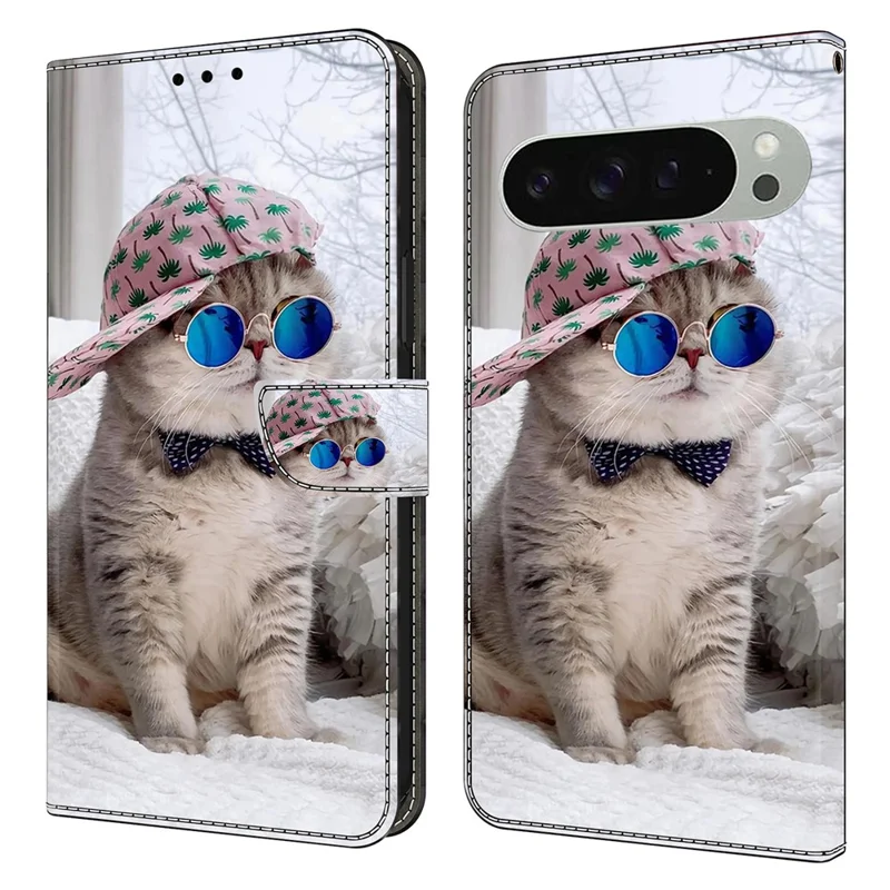 For Google Pixel 9 Pro XL Wallet Case Pattern Printing Stand Leather Flip Phone Cover - Hat Cat