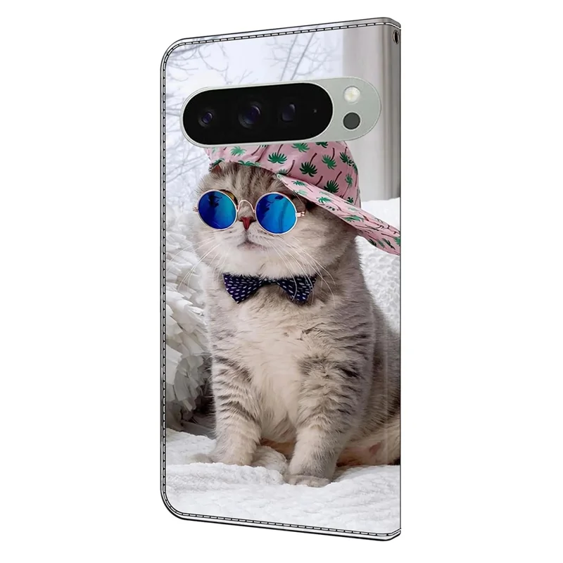 For Google Pixel 9 Pro XL Wallet Case Pattern Printing Stand Leather Flip Phone Cover - Hat Cat