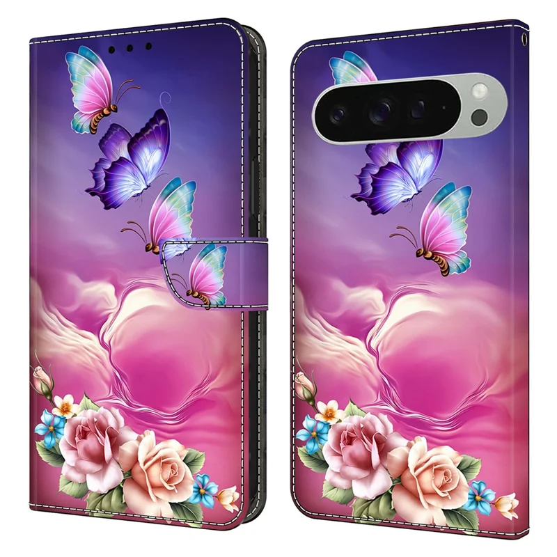 For Google Pixel 9 Pro XL Wallet Case Pattern Printing Stand Leather Flip Phone Cover - Floral Butterfly