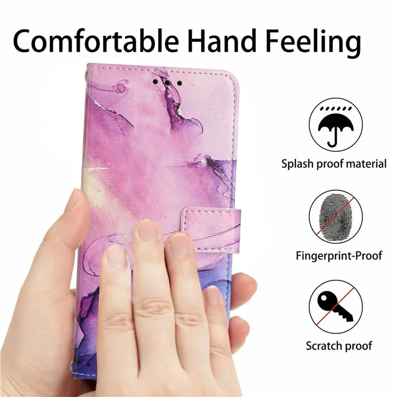 For Xiaomi Redmi Note 14 4G (164.84mm) Stand Case Marble Pattern PU Leather Wallet Phone Cover - Purple
