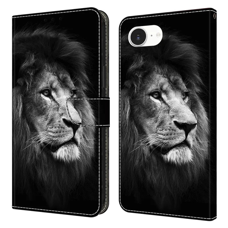 For iPhone 16e Wallet Case Pattern Printing Stand Leather Flip Phone Cover - Lion