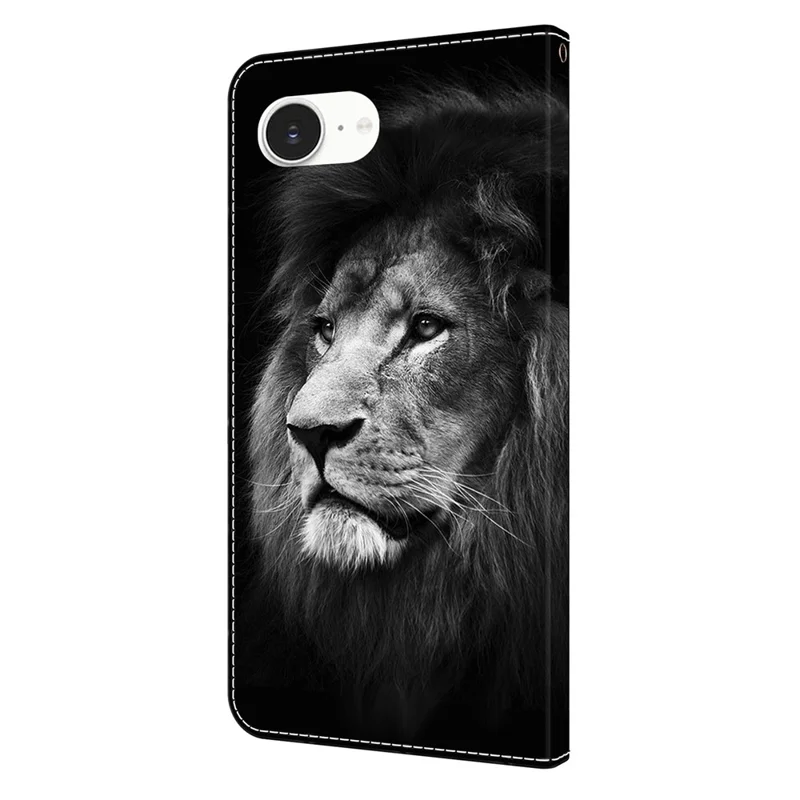 For iPhone 16e Wallet Case Pattern Printing Stand Leather Flip Phone Cover - Lion