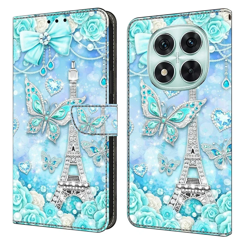 For Xiaomi Redmi Note 14 Pro+ 5G Wallet Case Pattern Printing Stand Leather Flip Phone Cover - Butterfly Cobalt Tower