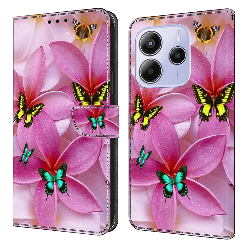 For Xiaomi Redmi Note 14 4G (164.84mm) Wallet Case Pattern Printing Stand Leather Flip Phone Cover - Pink Floral Butterfly