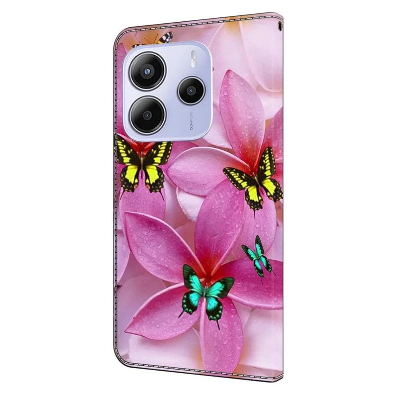 For Xiaomi Redmi Note 14 4G (164.84mm) Wallet Case Pattern Printing Stand Leather Flip Phone Cover - Pink Floral Butterfly