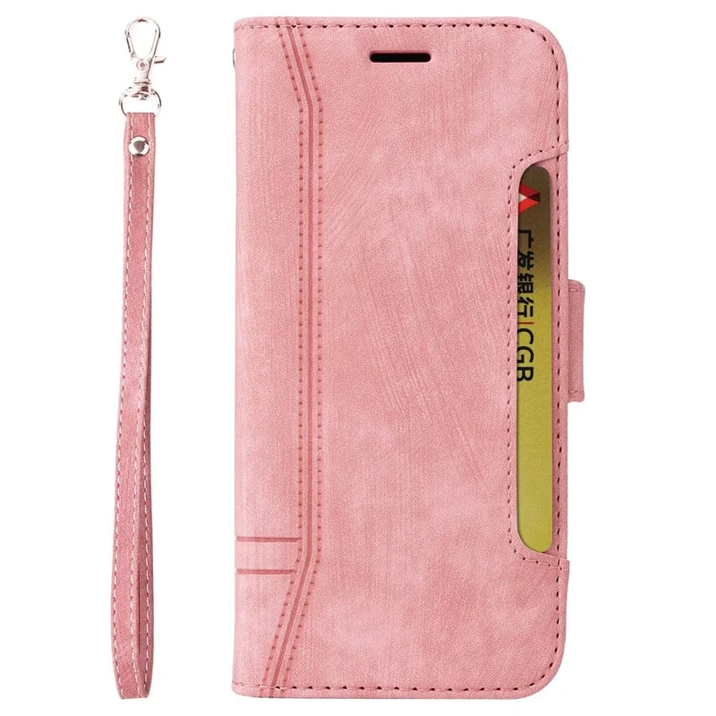 BETOPNICE 001 For vivo Y77 5G / Y77e 5G / Y77e (t1) 5G / iQOO Z6 Lite 5G PU Leather Imprinted Stitching Line Design Phone Case Full Protection Stand Wallet Cover with Strap - Pink