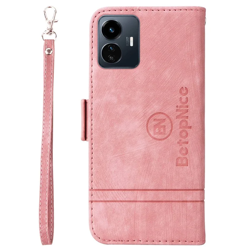 BETOPNICE 001 For vivo Y77 5G / Y77e 5G / Y77e (t1) 5G / iQOO Z6 Lite 5G PU Leather Imprinted Stitching Line Design Phone Case Full Protection Stand Wallet Cover with Strap - Pink