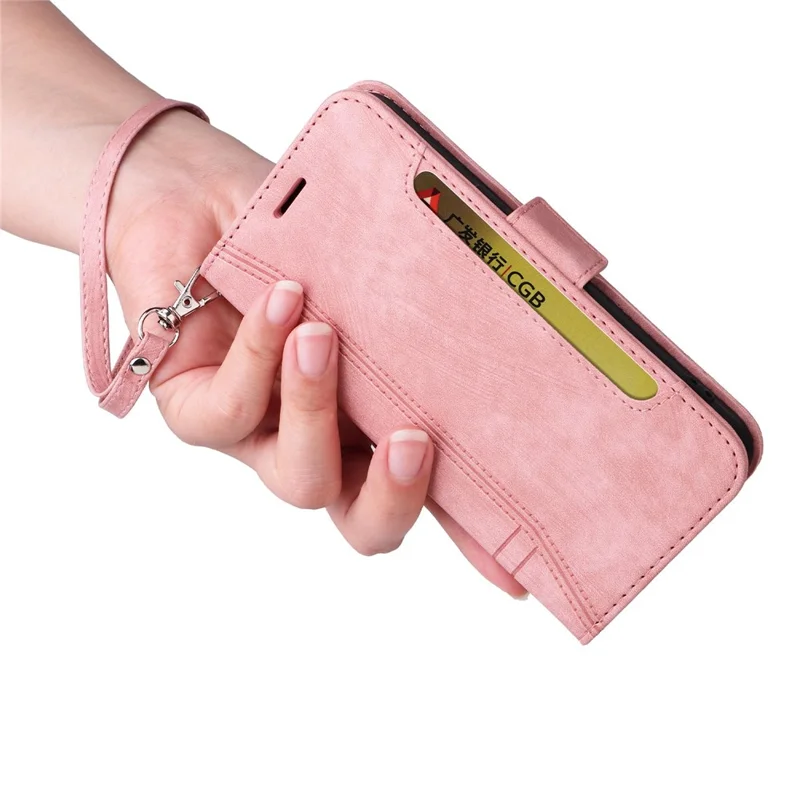 BETOPNICE 001 For vivo Y77 5G / Y77e 5G / Y77e (t1) 5G / iQOO Z6 Lite 5G PU Leather Imprinted Stitching Line Design Phone Case Full Protection Stand Wallet Cover with Strap - Pink