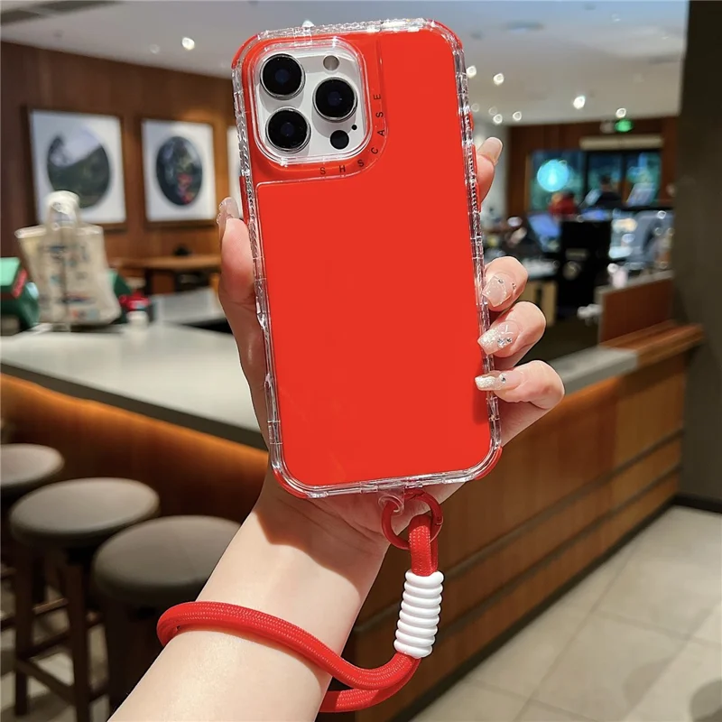 For iPhone 16 Pro Max Case 3 in 1 Drop-Proof PC + TPU Phone Back Cover with Wrist Strap - Red