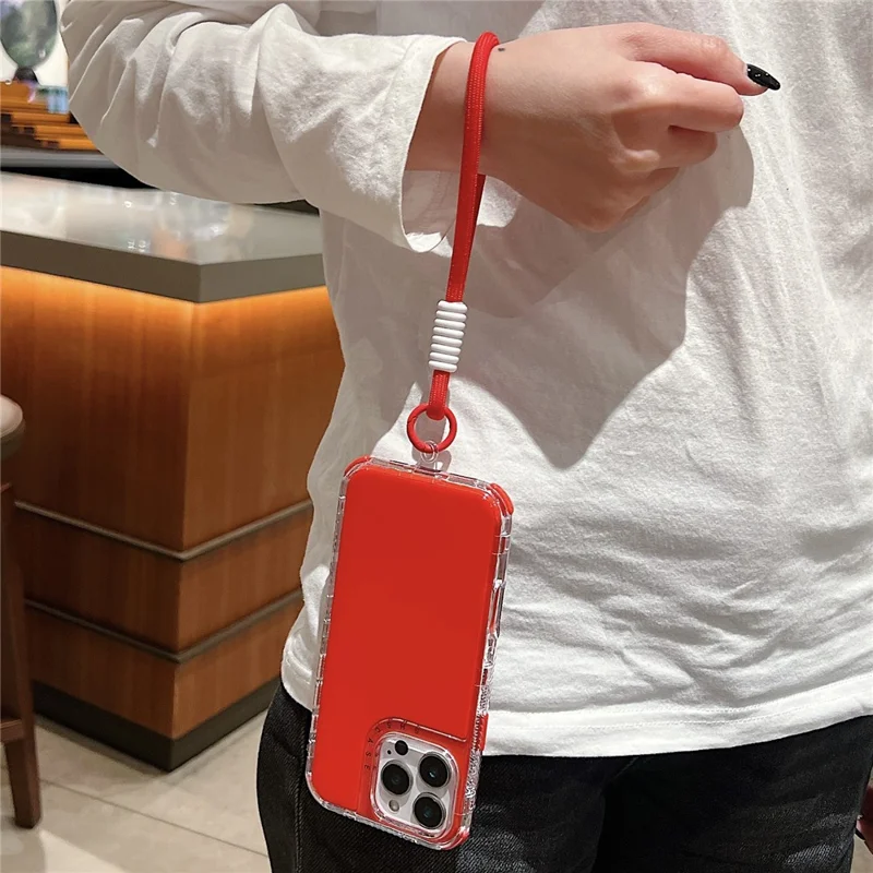 For iPhone 16 Pro Max Case 3 in 1 Drop-Proof PC + TPU Phone Back Cover with Wrist Strap - Red