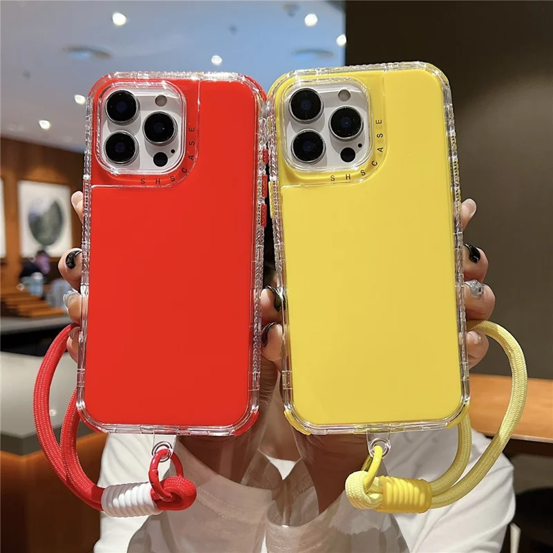 For iPhone 16 Pro Max Case 3 in 1 Drop-Proof PC + TPU Phone Back Cover with Wrist Strap - Red