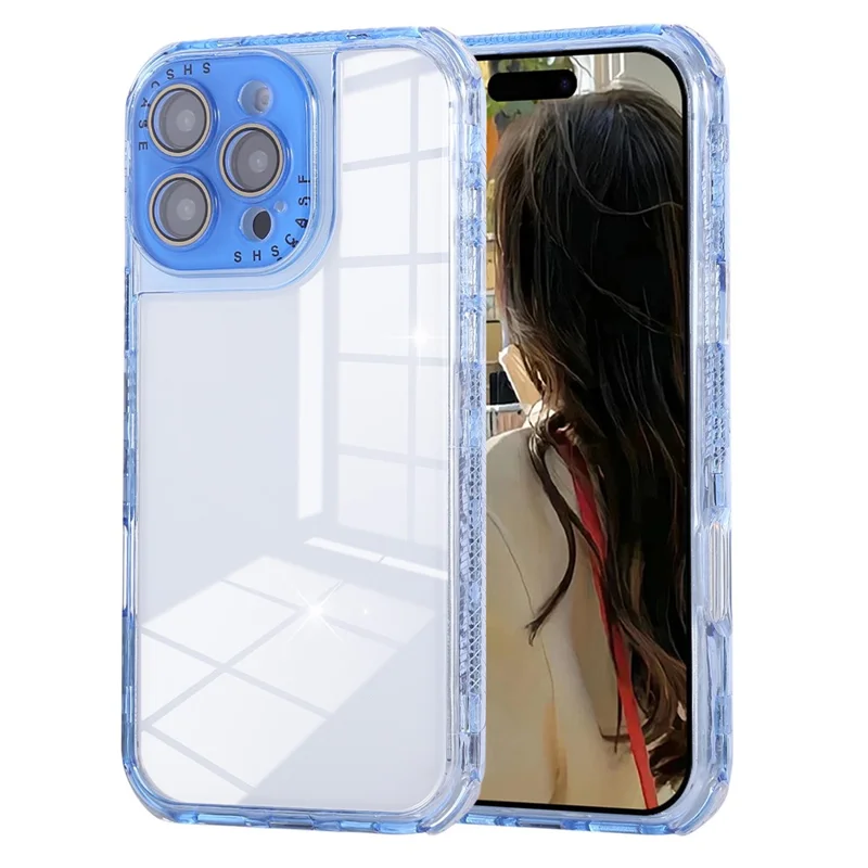 For iPhone 16 Pro Max Case Clear Colorful Frame Drop-Proof TPU + PC Phone Back Cover with Lens Film - Blue