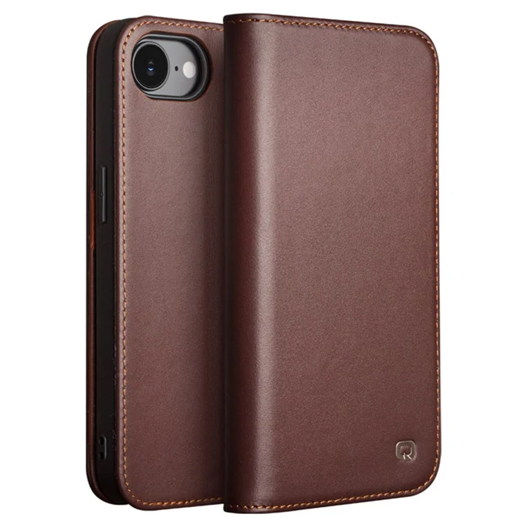 QIALINO For iPhone 16e Stand Case Anti-Drop Genuine Cow Leather Wallet Phone Cover - Brown