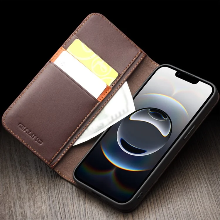 QIALINO For iPhone 16e Stand Case Anti-Drop Genuine Cow Leather Wallet Phone Cover - Brown