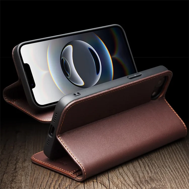 QIALINO For iPhone 16e Stand Case Anti-Drop Genuine Cow Leather Wallet Phone Cover - Brown