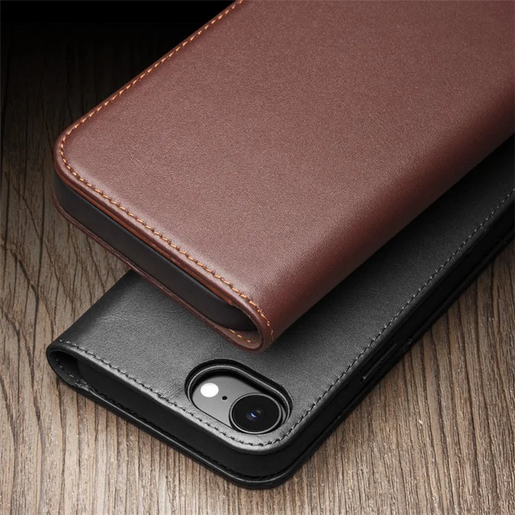 QIALINO For iPhone 16e Stand Case Anti-Drop Genuine Cow Leather Wallet Phone Cover - Brown