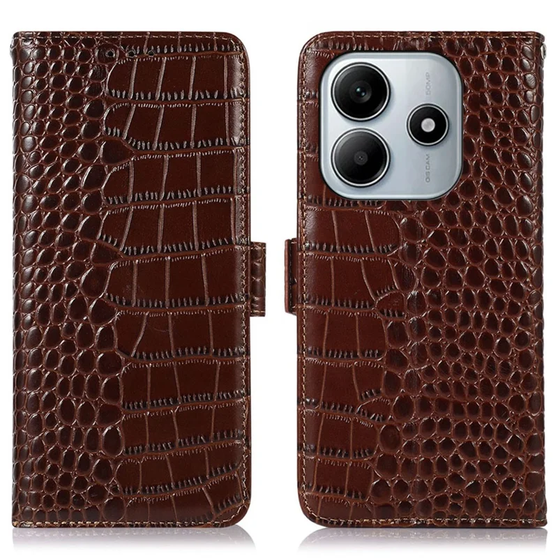For Xiaomi Redmi Note 14 4G (164.84mm) Case Crocodile Texture Genuine Cow Leather Phone Wallet Cover - Brown