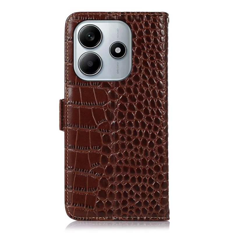 For Xiaomi Redmi Note 14 4G (164.84mm) Case Crocodile Texture Genuine Cow Leather Phone Wallet Cover - Brown