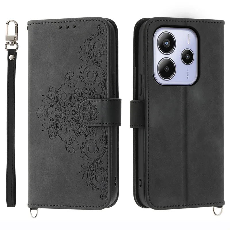 For Xiaomi Redmi Note 14 4G (164.84mm) Case Flower Pattern PU Leather Wallet Phone Cover with Strap - Black