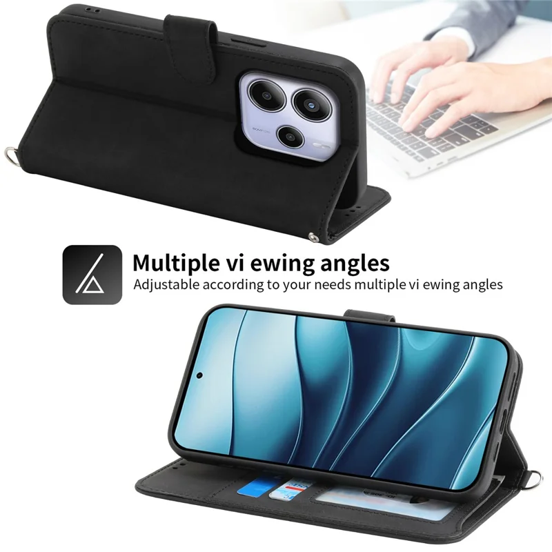 For Xiaomi Redmi Note 14 4G (164.84mm) Case Flower Pattern PU Leather Wallet Phone Cover with Strap - Black