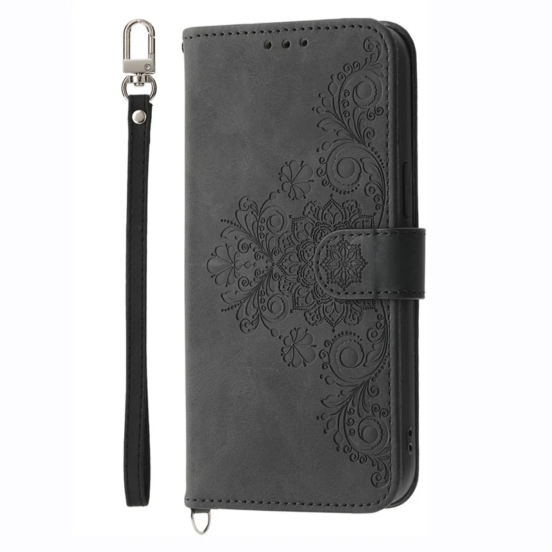 For Xiaomi Redmi Note 14 4G (164.84mm) Case Flower Pattern PU Leather Wallet Phone Cover with Strap - Black
