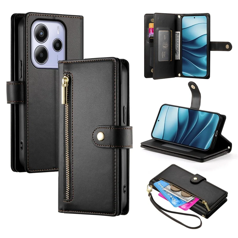 DF-011 For Xiaomi Redmi Note 14 4G (164.84mm) Case Zipper Pocket Wallet Leather Phone Cover with Straps - Black