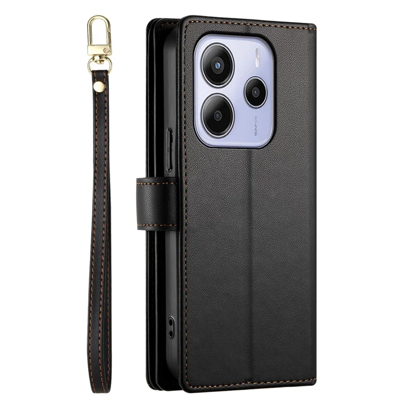 DF-011 For Xiaomi Redmi Note 14 4G (164.84mm) Case Zipper Pocket Wallet Leather Phone Cover with Straps - Black