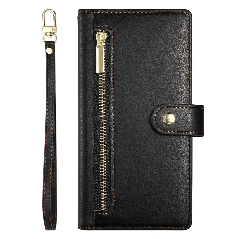 DF-011 For Xiaomi Redmi Note 14 4G (164.84mm) Case Zipper Pocket Wallet Leather Phone Cover with Straps - Black