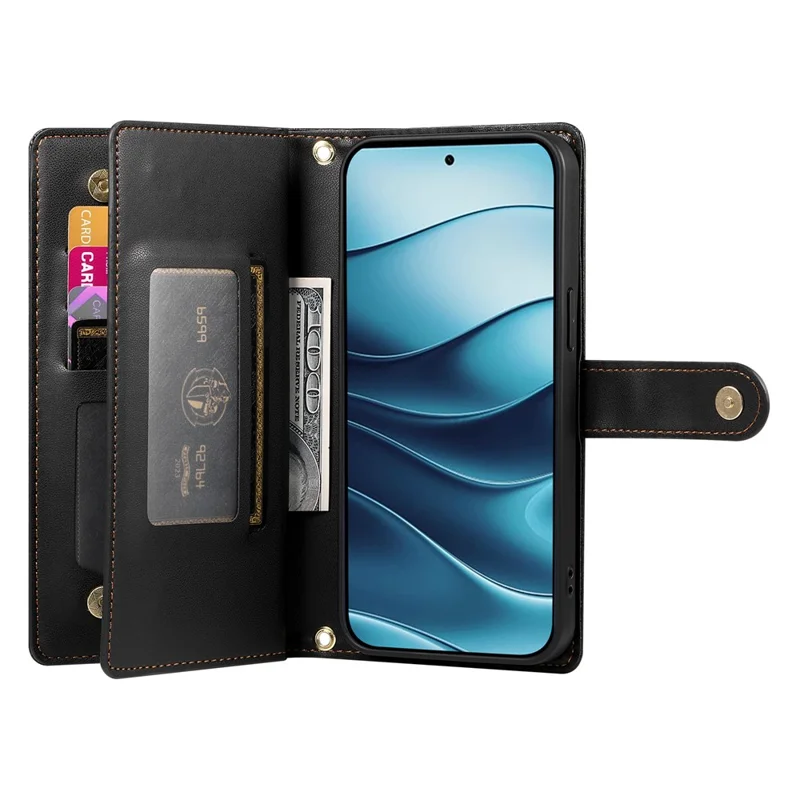 DF-011 For Xiaomi Redmi Note 14 4G (164.84mm) Case Zipper Pocket Wallet Leather Phone Cover with Straps - Black