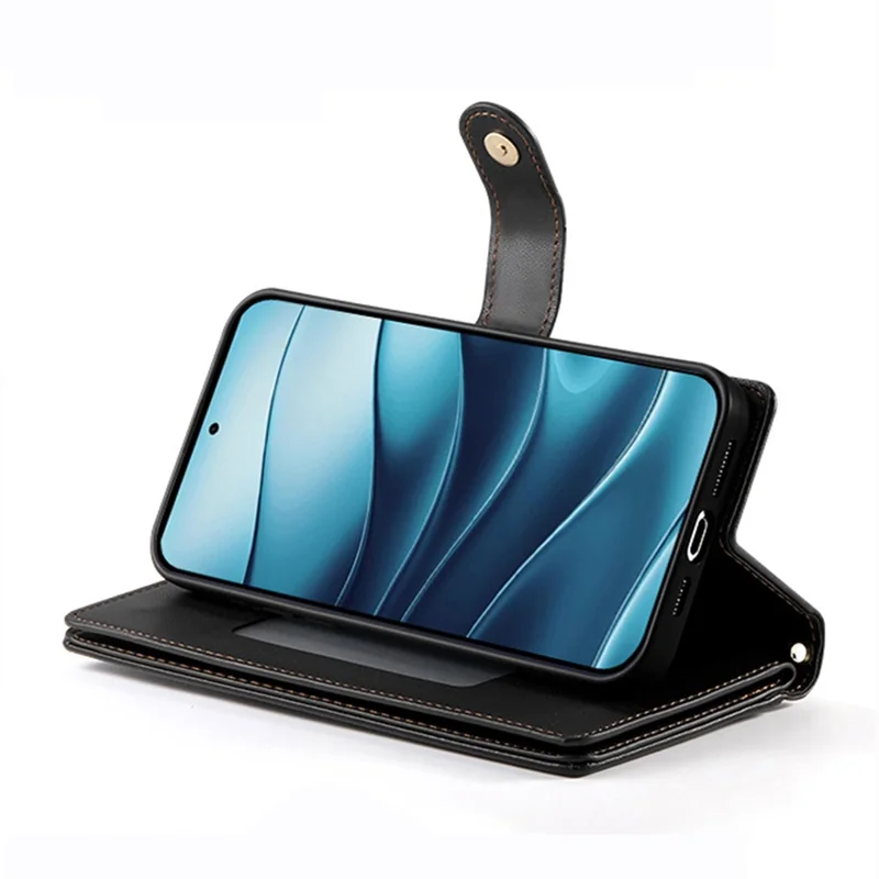 DF-011 For Xiaomi Redmi Note 14 4G (164.84mm) Case Zipper Pocket Wallet Leather Phone Cover with Straps - Black
