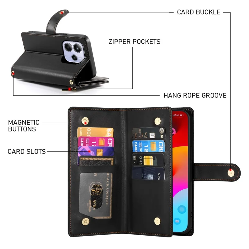 DF-011 For Xiaomi Redmi Note 14 4G (164.84mm) Case Zipper Pocket Wallet Leather Phone Cover with Straps - Black