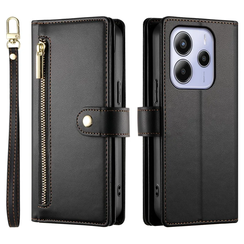 DF-011 For Xiaomi Redmi Note 14 4G (164.84mm) Case Zipper Pocket Wallet Leather Phone Cover with Straps - Black