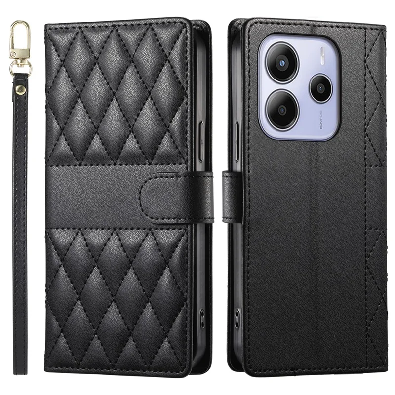 Voor Xiaomi Redmi Note 14 4G (164,84 mm) hoesje Ruitsteekjes portemonnee standaard lederen telefoonhoesje met lange/korte draagband - Zwart