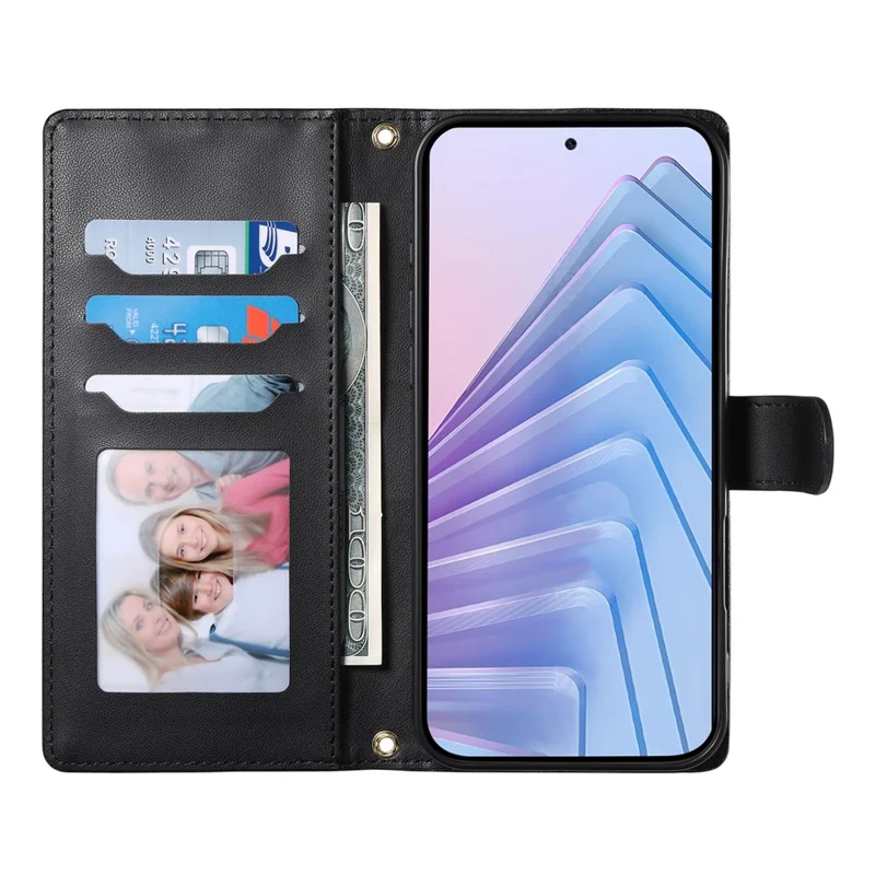 Voor Xiaomi Redmi Note 14 4G (164,84 mm) hoesje Ruitsteekjes portemonnee standaard lederen telefoonhoesje met lange/korte draagband - Zwart
