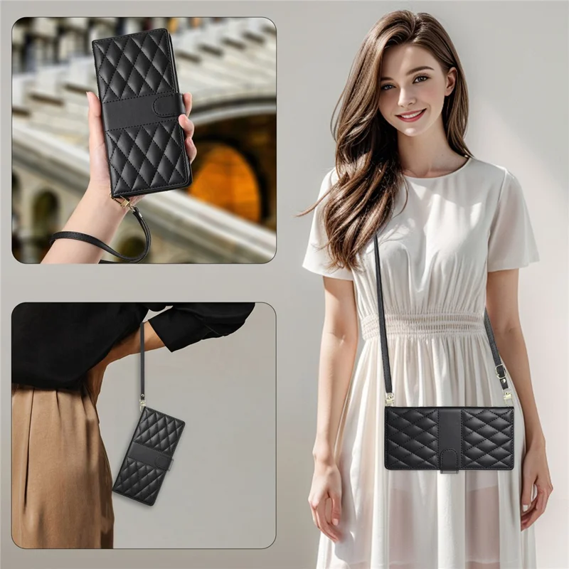 Voor Xiaomi Redmi Note 14 4G (164,84 mm) hoesje Ruitsteekjes portemonnee standaard lederen telefoonhoesje met lange/korte draagband - Zwart