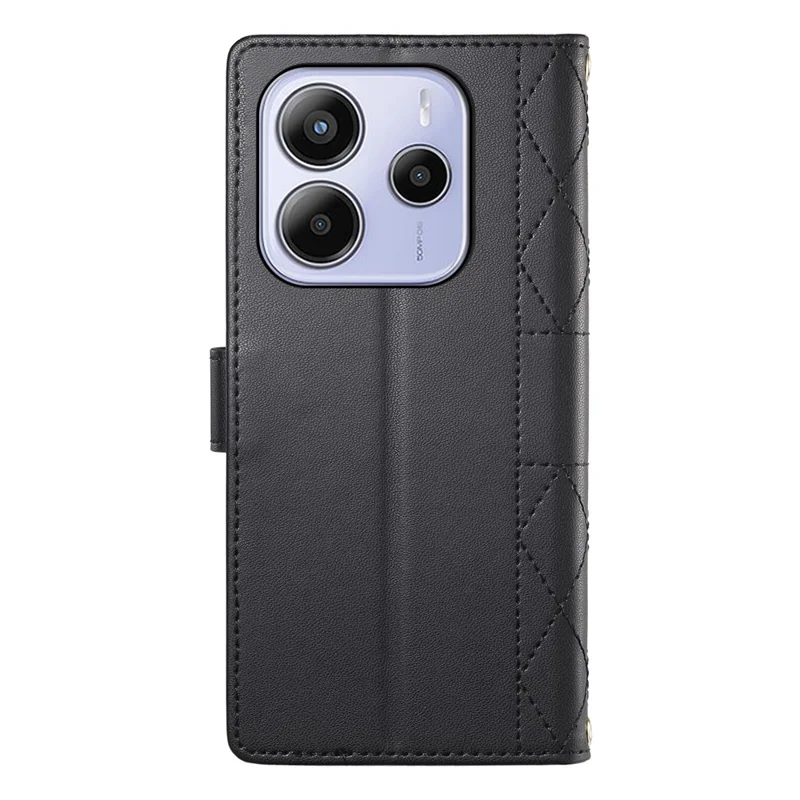 Voor Xiaomi Redmi Note 14 4G (164,84 mm) hoesje Ruitsteekjes portemonnee standaard lederen telefoonhoesje met lange/korte draagband - Zwart