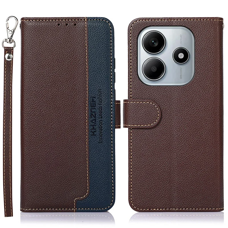 KHAZNEH For Xiaomi Redmi Note 14 4G (164.84mm) Case RFID Blocking Wallet Litchi Texture PU Leather Phone Cover - Brown