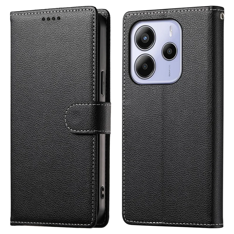 For Xiaomi Redmi Note 14 4G (164.84mm) Stand Case Litchi Texture Leather Wallet Phone Cover Magnetic Snap - Black