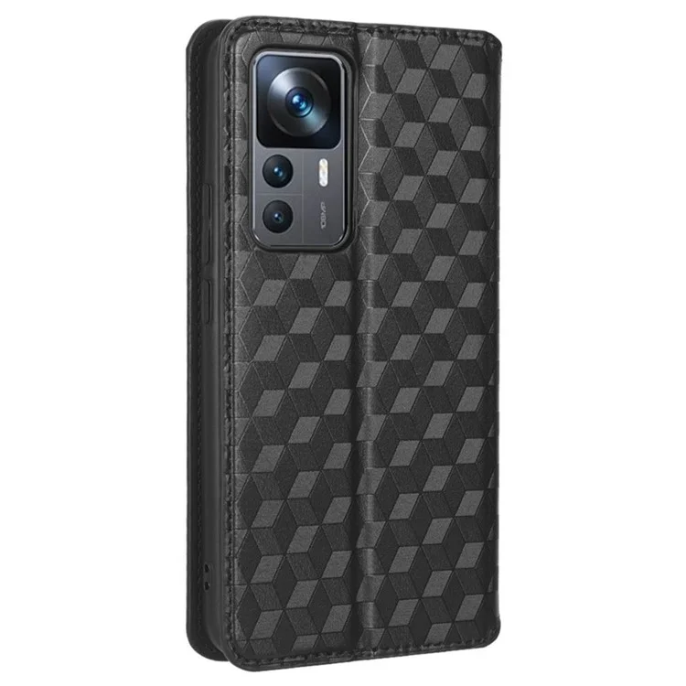 Caja de Teléfono a Prueba de Gota Para Xiaomi 12t 5G / 12T Pro 5G / Redmi K50 Ultra 5G, Magnetic Auto Closing Protective Shell Stand Patrón de Rombo Imprimido pu Cuero Tapa de Cuero - Negro