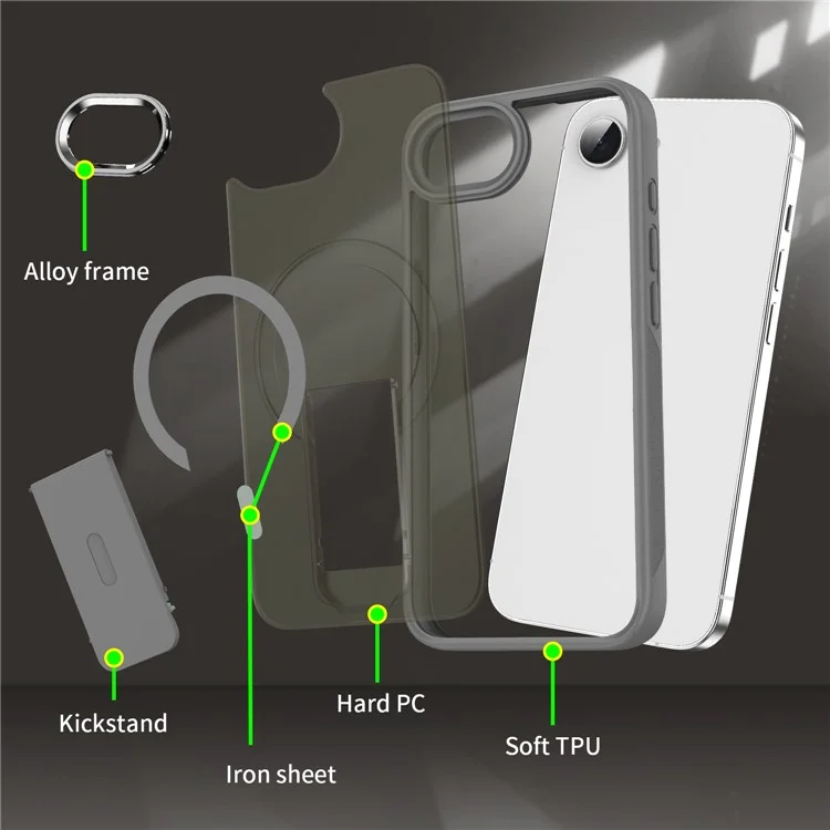 Cover per iPhone 16e Compatibile con MagSafe, Cover per Telefono PC + TPU con Supporto - Nero